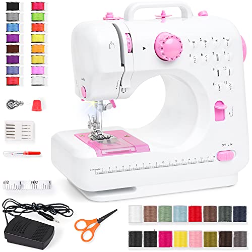 Best Choice Products Compact Sewing Machine, 42-Piece Beginners Kit, Multifunctional Portable 6V Beginner Sewing Machine w/ 12 Stitch Patterns, Light, Foot Pedal, Storage Drawer – Pink/White