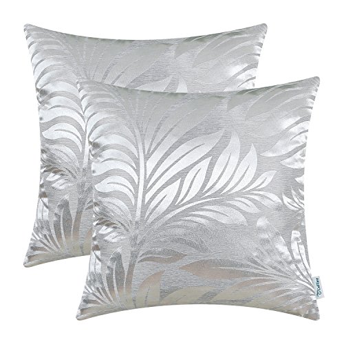 CaliTime Pack of 2 Throw Pillow Covers Cases for Couch Sofa Home Decor Shining & Dull Contrast Tropical Fern Leaf 18 X 18 Inches Silver Gray