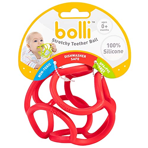 OgoBolli Teething Ring Tactile Sensory Ball Toy for Babies & Kids – Stretchy, Soft Non-Toxic Silicone – Ages 3 Months and up – Red
