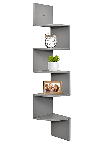 Greenco 5-Tier Corner Shelves, Floating Corner Shelf, Wall Organizer Storage, Easy-to-Assemble Tiered Wall Mount Shelves for Bedrooms, Bathroom Shelves, Kitchen, Offices, & Living Rooms (Grey Finish)