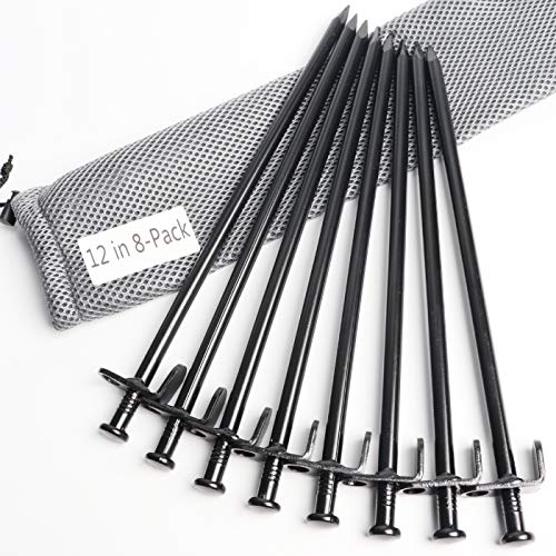 Beefoor 12-Inch Tent Stakes, Heavy Duty Camping Stakes, Forged Steel Tent Pegs Unbreakable and Inflexible, Available in Rocky Place Dessert Snowfield and Grassland 12in-8parks