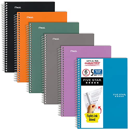 Five Star Small Spiral Notebooks, 6 Pack, 5-Subject, College Ruled Paper, 180 Sheets, Small, 9-1/2″ x 6″, Assorted Colors (73527)