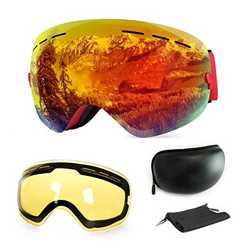 Extra Mile Ski Goggles, Anti-fog UV Protection Winter Snow Sports Snowboard Goggles with Interchangeable Spherical Dual Lens for Men Women & Youth Snowmobile Skiing Skating (Orange)