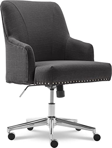 Serta Leighton Home Office Chair with Memory Foam, Height-Adjustable Desk Accent Chair with Chrome-Finished Stainless-Steel Base, Twill Fabric, Dark Gray