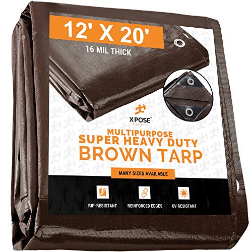 12′ x 20′ Super Heavy Duty 16 Mil Brown Poly Tarp Cover – Thick Waterproof, UV Resistant, Rip and Tear Proof Tarpaulin with Grommets and Reinforced Edges – by Xpose Safety