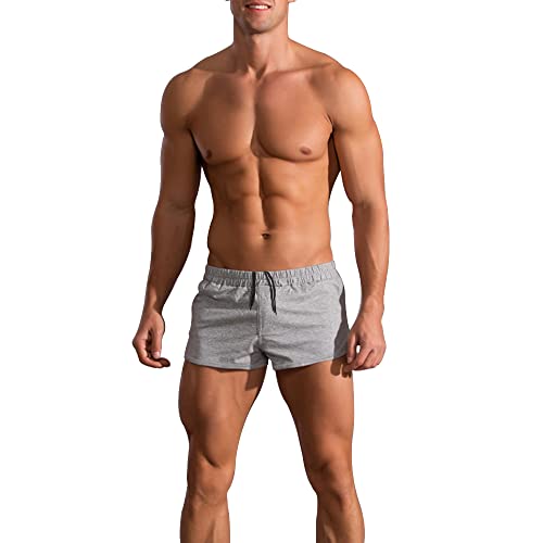 palglg Mens Bodybuilding Shorts 3 Inch Inseam Drawstring Closure Cotton PLN Grey M