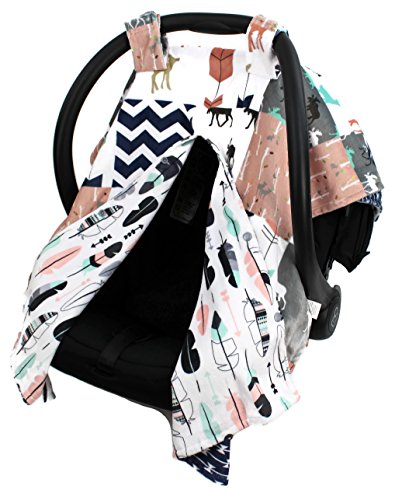 Dear Baby Gear Deluxe Reversible Car Seat Canopy, Custom Minky Print, Woodland Deer Quilt Feathers Pink Mint | The Storepaperoomates Retail Market - Fast Affordable Shopping