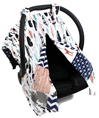 Dear Baby Gear Deluxe Reversible Car Seat Canopy, Custom Minky Print, Woodland Deer Quilt Feathers Pink Mint | The Storepaperoomates Retail Market - Fast Affordable Shopping