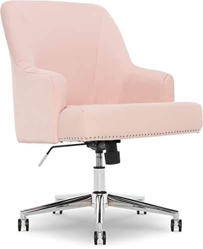 Serta Leighton Home Office Chair with Memory Foam, Height-Adjustable Desk Accent Chair with Chrome-Finished Stainless-Steel Base, Twill Fabric, Blush Pink