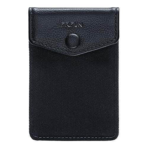 FRIFUN Card Holder for Back of Phone with snap Ultra-Slim Self Adhesive Phone Wallet Stick on Cell Phone Android All Smartphones RFID Blocking Sleeve Covers Credit Cards and Cash (Black)