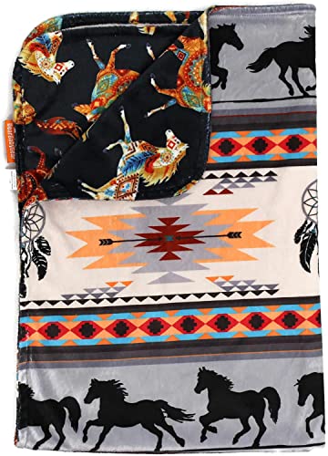 Dear Baby Gear Baby Blanket- Double Layer Minky Blanket- Reversible Gender Neutral Baby Blankets- Nursery Blanket for Baby- Faux Quilt Soft Baby Blanket- Southwestern Tribal Horses Print- 38×29