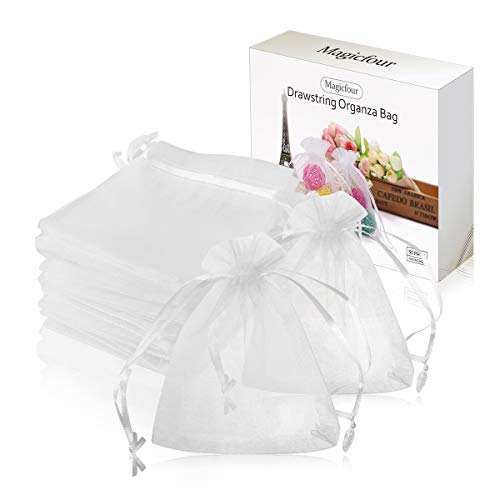 Magicfour White Organza Bags, 50 Pack 4×5 inches Drawstring Gift Bags, Mesh Valentines Christmas Party Bag Wedding Bags, Sachet Bags Sheer Organza Pouches,Favor Jewelry Bags