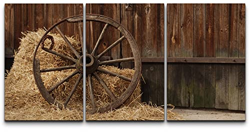 wall26 Canvas Print Wall Art Set Antique Vintage Wheel in Country Barn with Hay Nature Wilderness Photography Realism Rustic Scenic Colorful Ultra for Living Room, Bedroom, Office – 16″x24″x3
