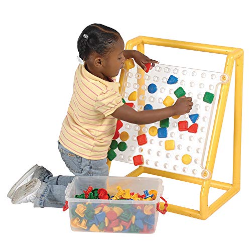 Constructive Playthings Mega 15 1/2″ sq. Clear Pegboard with 100, 1 1/2″ diam. x 1 1/2″ H. Jumbo Pegs In 3 Simple Shapes That Comes In a Storage Tub; Frame Measures 23 1/2″ H. x 18 1/2″ W. x 13″ D. For Ages 3 Years and Up.