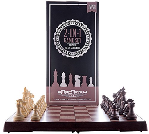 Chess Set and Checkers Game Board – 2 in 1 Folding and Magnetic Chess Game. Great for Travel Chess Set Strategy Game is 12.5 x 12.5, International Chess Set
