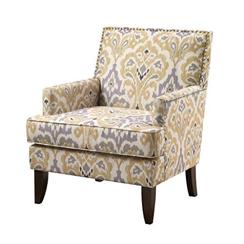 Madison Park Colton Accent Hardwood, Brich Wood, Damask Print, Bedroom Lounge Mid Century Modern Deep Seating, High Back Club Style Arm-Chair Living Room Furniture