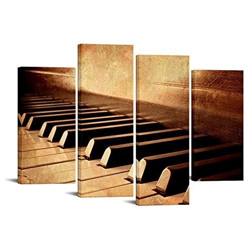 LevvArts – 4 Panels Wall Art Sepia Tone Piano Keys Pictures Print on Canvas Instrument Abstract Canvas Painting Giclee Print with Wood Frame,Modern Home Decor