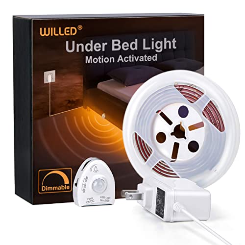 WILLED Under Bed Light, Dimmable Motion Activated Bed Light 5ft LED Strip with Motion Sensor and Power Adapter, Bedroom Night Light Amber for Baby, Crib, Bedside, Stairs, Cabinet and Bathroom