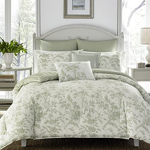 Laura Ashley Home – Queen Size Comforter Set, Reversible Cotton Bedding, Includes Matching Shams with Bonus Euro Shams & Throw Pillows (Natalie Sage/Off White, Queen)