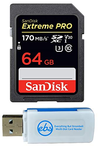 SanDisk 64GB Extreme Pro Memory Card works with Olympus TG-5 Waterproof, E-M10 Mark II, E-M1, STYLUS Tough TG-4, TG-870 Digital DSLR Camera SDXC 4K V30 UHS-I with Everything But Stromboli Combo Reader