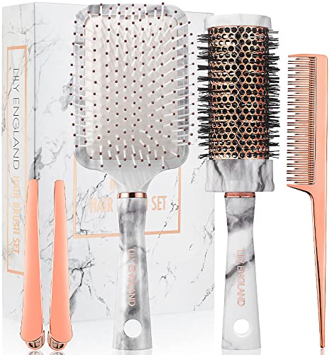 Hair Brush Set for Women – Paddle Brush, Round Blow Drying Hairbrush, Tail Comb & Clips – Professional Hairbrushes Marble & Rose Gold by Lily England