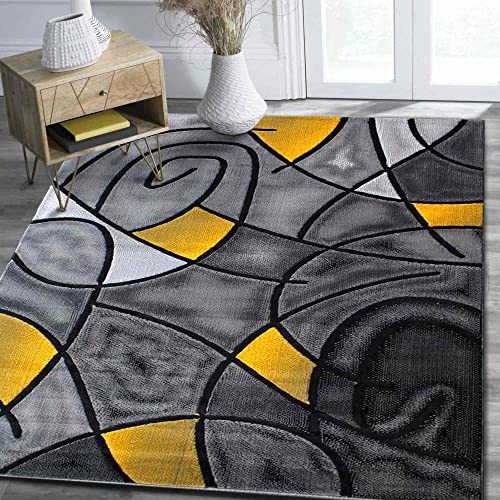 HR Orangish Yellow/Grey/Silver/Black/Abstract Area Rug Modern Contemporary Circles | Bedroom Rug with Wave Design Pattern (7’8″ X10′)