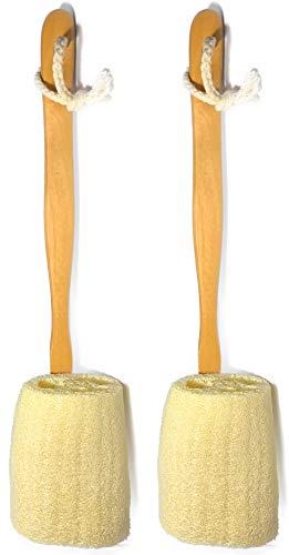 2 Pack Natural Exfoliating Loofah luffa loofa Bath Brush On a Stick – with Long Wooden Handle Back Brush for Men & Women – Shower Sponge Body Back Scrubber