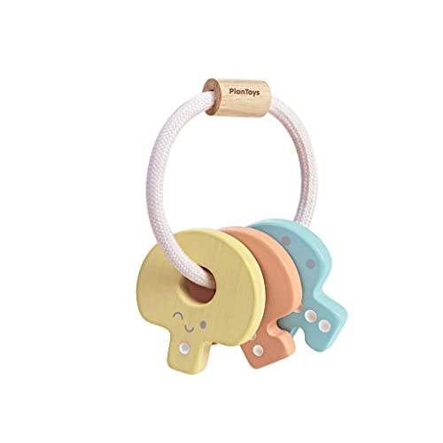 PlanToys Wooden Key Rattle and Teether Toy (5251) | Pastel Color Collection | Sustainably Made from Rubberwood and Non-Toxic Paints and Dyes