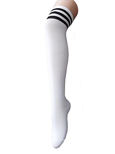 Century Star Women’s Casual Athlete Striped Over Knee Thin Thigh High Tights Long Stocking Socks C 1 Pair White Black One Size