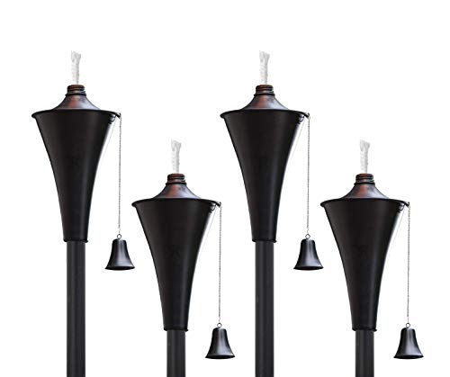 Legends Direct Set of 4, Oahu Premium Metal Patio Torches, 53″ Tall- Tiki Style/w Snuffer, Fiberglass Wick & Large 16oz Oil Lamp for Deck, Patio, Lawn, Garden, Luau (Smooth Black)