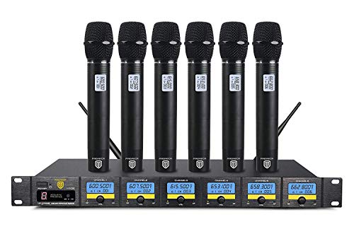 PRORECK MX66 6-Channel UHF Wireless Microphone System with 6 Hand-held Microphones Karaoke Machine for Party/Wedding/Church/Conference/Speech