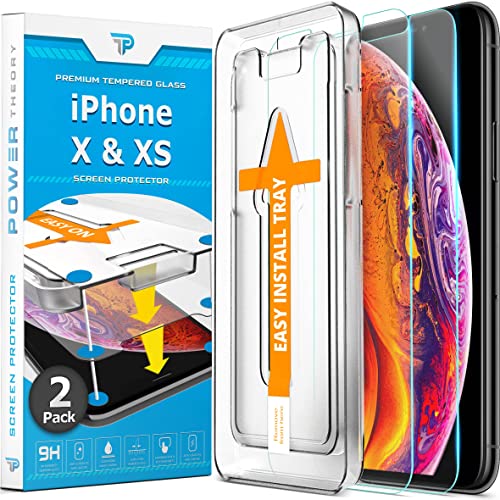 Power Theory Designed for iPhone X, iPhone Xs Screen Protector Tempered Glass [9H Hardness], Easy Install Kit, 99% HD Bubble Free Clear, Case Friendly, Anti-Scratch, 2 Pack