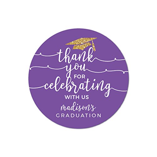 Andaz Press Royal Purple and Gold Glittering Graduation Party Collection, Personalized Round Circle Label Stickers, Thank You for Celebrating with US, 40-Pack, Madison’s Graduation Custom Name