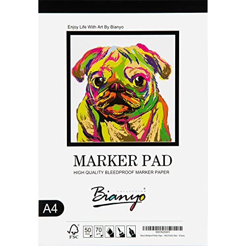 Bianyo Bleedproof Marker Paper Pad, A4(8.27″X11.69″), 50 Sheets, 18 LB / 70 GSM, Glue-Bound, 100% Cotton, White, Ideal for Use with Markers and Ink Mediums