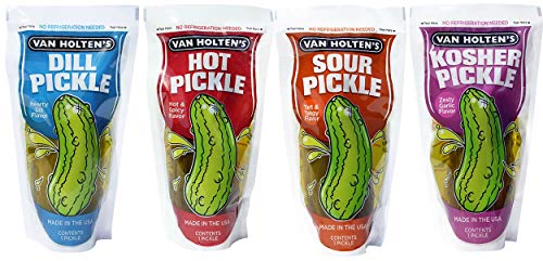 Van Holten’s Pickle In-a Pouch Variety Pack, 12 pickles, 3 of each Flavor of Kosher, Dill, Hot & Spicy and Sour Ready to Eat Single Serve Pickles in their own pouch! No Refrigeration needed.