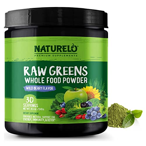NATURELO Raw Greens Superfood Powder – Wild Berry Flavor – Boost Energy, Detox, Enhance Health – Organic Spirulina – Wheat Grass – Whole Food Nutrition from Fruits & Vegetables – 30 Servings