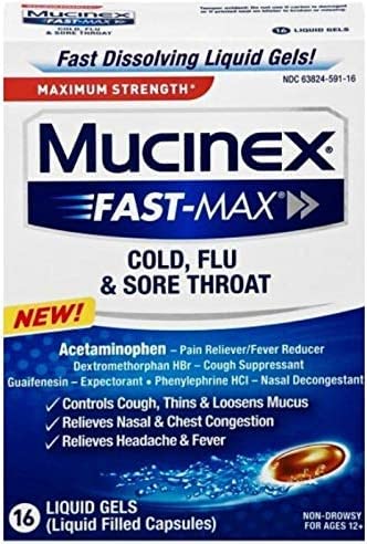 Mucinex Fast-Max Max Strength, Cold, Flu, Sore Throat, 16 Liquid Gels (Pack of 2)