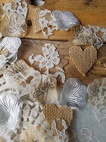 Burlap and Lace Rose Petals with Silver Artificial Petals, Rustic Wedding Decor, Table Scatter, by Burlap And Bling Design Studio(250pcs.)