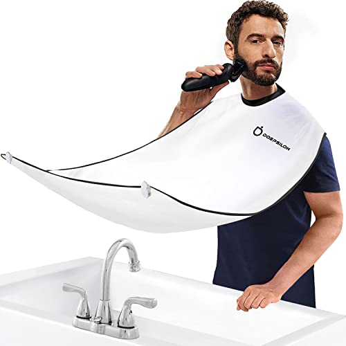 Beard Bib Apron, Beard Hair Clippings Catcher for Shaving and Trimming, Men’s Shaving Beard Catcher, Non-Stick Beard Shave Cape, with 4 Strong Suction Cups, Grooming Gifts for Men – White