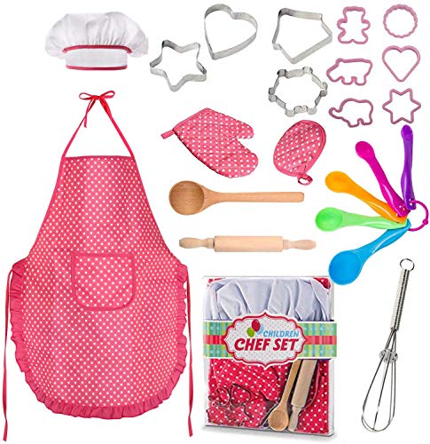 Famoby 22 Pcs Kids Cooking and Baking Set – Includes Apron for Girls,Chef Hat,Oven Mitt and Other Cooking Utensils for Toddler Chef Career Role Play,Girls Dress up Pretend Play Gift