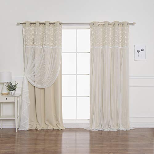 Best Home Fashion Floral Lace Overlay Thermal Insulated Blackout Curtains – Stainless Steel Nickel Grommet Top – Beige – 52″ W x 96″ L – (Set of 2 Panels)