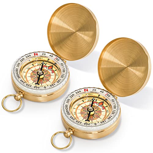Tebery 2 Pack Classic Pocket Style Copper Clamshell Compass, Glow in The Dark Military Compass Survival Gear Compass, Waterproof Luminous Kids Compass for Hiking Camping Hunting Climbing (Brass)