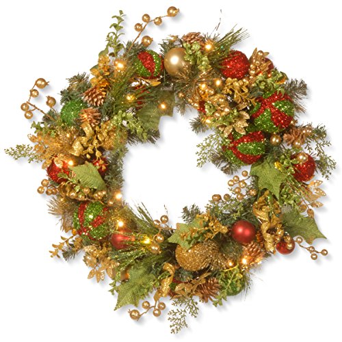 National Tree RAC-71366A-1 24 Inch Wreath with 50 Battery Operated Warm White LED Lights, 30″