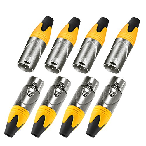 MFL. 3-Pin XLR Cable Connector Male and Female with Nickel Housing and Silver Contacts Mic Cable Plug Connector Audio Socket, Yellow,4 Pairs