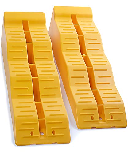 OxGord RV Leveling Ramps – Camper or Trailer Leveler/Wheel Chocks for Stabilizing Uneven Ground and Parking – Set of 2 Blocks, Yellow