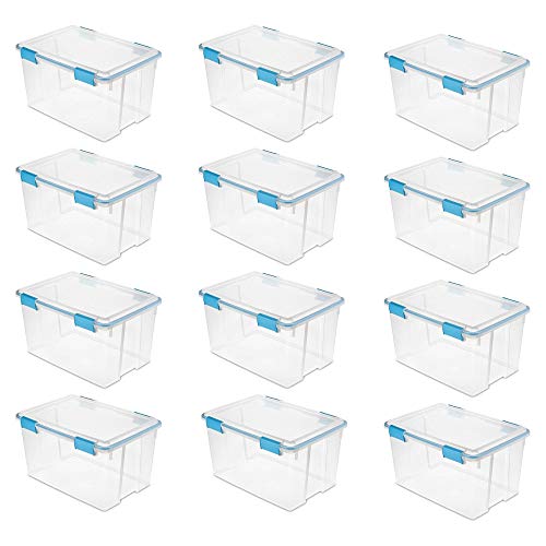 Sterilite 54 Quart Clear Plastic Stackable Storage Container Box Bin with Air Tight Gasket Seal Latching Lid Long Term Organizing Solution, 12 Pack