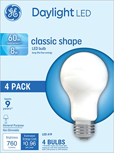 GE LED Light Bulbs, 60 Watt Eqv, Daylight, A19 Standard Bulbs (4 Pack)