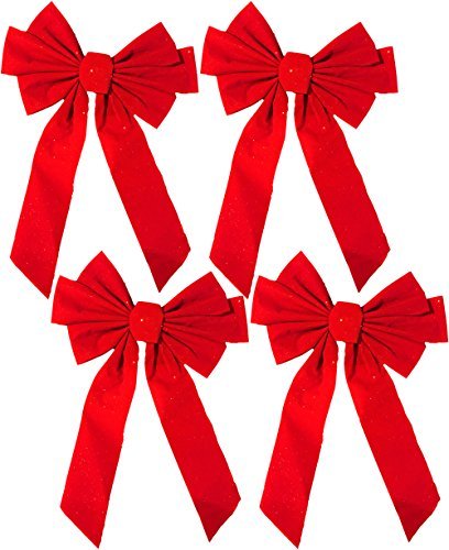 FLOMO Christmas Holiday Large Red Velvet Bow with Glitter 20″ Long 13″ Wide (4 Bows)