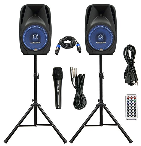 Pair Alphasonik All-in-one 15″ Powered 2500W PRO DJ Amplified Loud Speakers with Bluetooth USB SD Card AUX MP3 FM Radio PA System LED Lights Karaoke Mic Guitar Amp 2 Tripod Stands Cable and Microphone