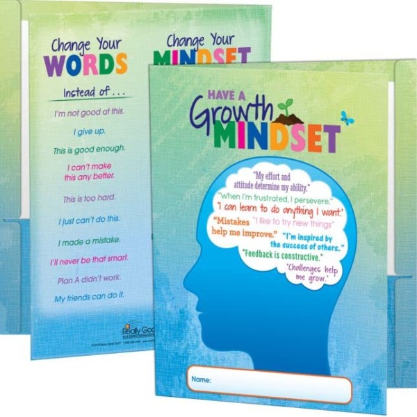 Really Good Stuff Growth Mindset Folders, 9½” by 12” (Set of 12) – Laminated 2-Pocket Folders – Inspire Perseverance and Achievement with Motivating Phrases – Great Homework Folders